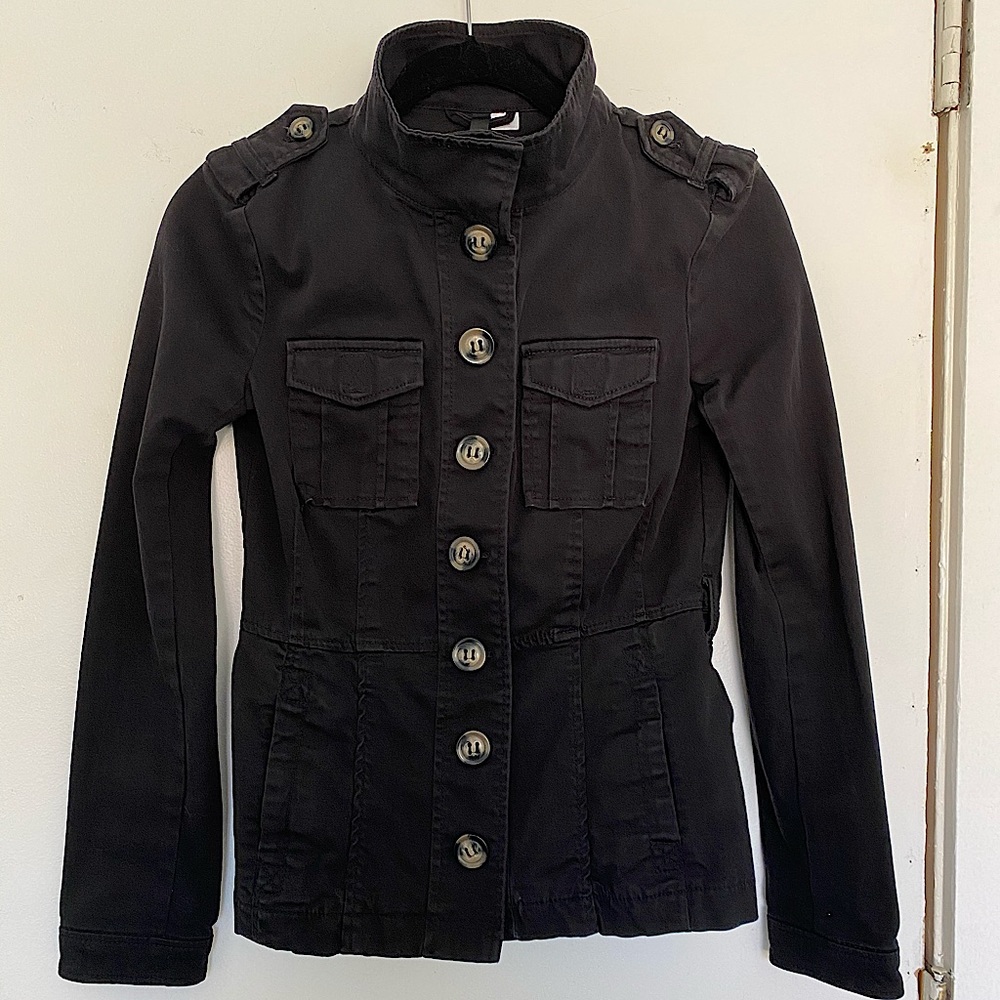 Button up cute cargo black jacket cotton